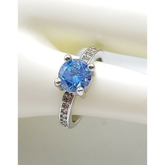 Silver Plated Blue Aquamarine Clear Rhinestone Cocktail Ring Size 5 - Picture 4 of 4